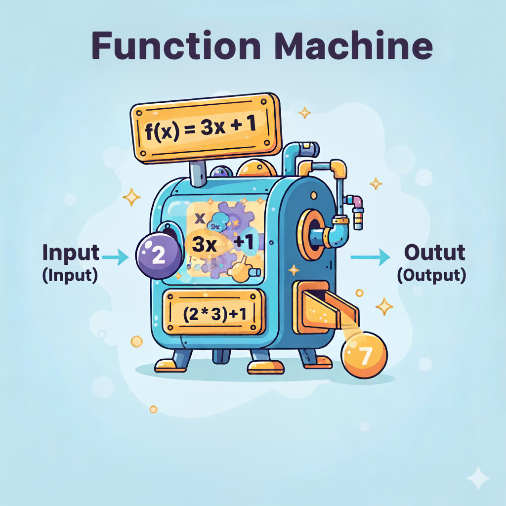 An illustration of a function machine showing an input, a process, and an output.